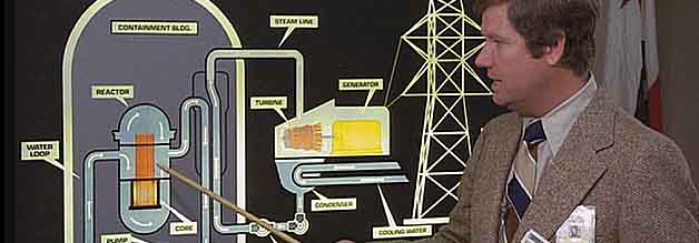 "Keine Bange, alles sauber!" - Der Pressesprecher des örtlichen Kraftwerks erklärt in blumigen Worten für Fernsehpublikum die Funktionsweise der Einrichtung. 